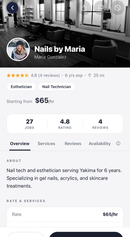 eLinked provider profile — jobs, rating, reviews, and one-tap booking
